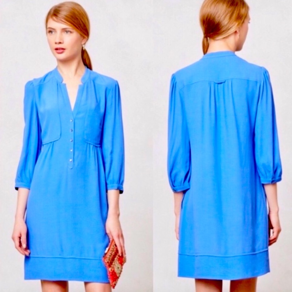 Anthropologie Maeve Blue Taryn Crepe Shift Midi Dress Size 8